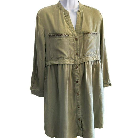 Zara Women's Army Green Tencel Denim Dress XS Beaded Accent Adjustable Sleeve - Picture 2 of 6